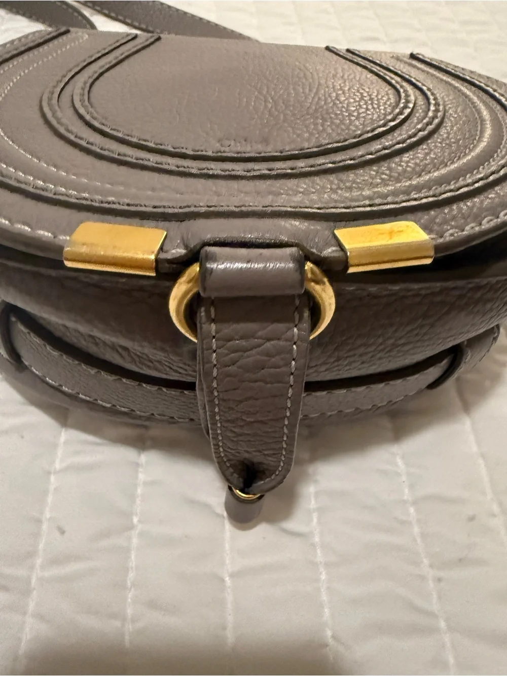 Chloe Grey Pebbled Leather Saddle Crossbody with Gold Hardware